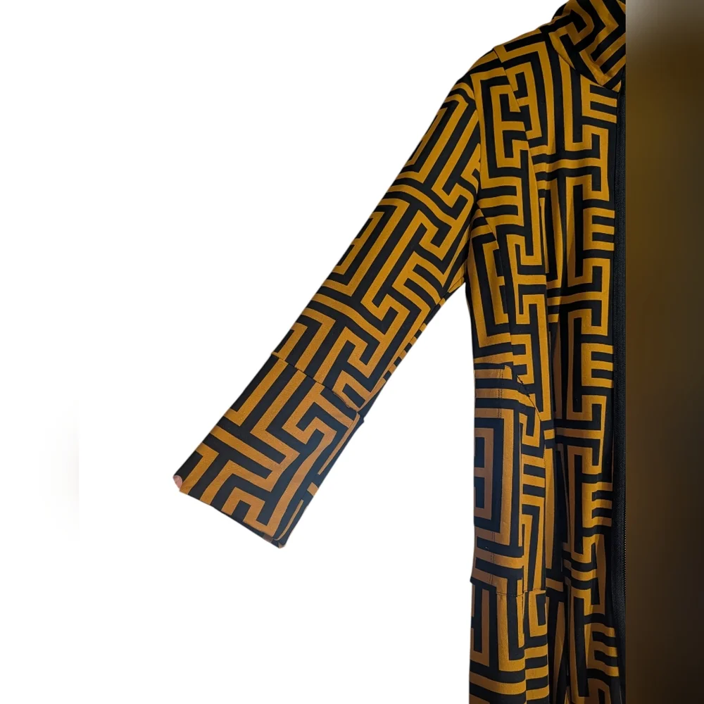 Avant Garde Geometric Print Bubble Hem Dress Zip Front Artwear Mustard Black M - Picture 4 of 9